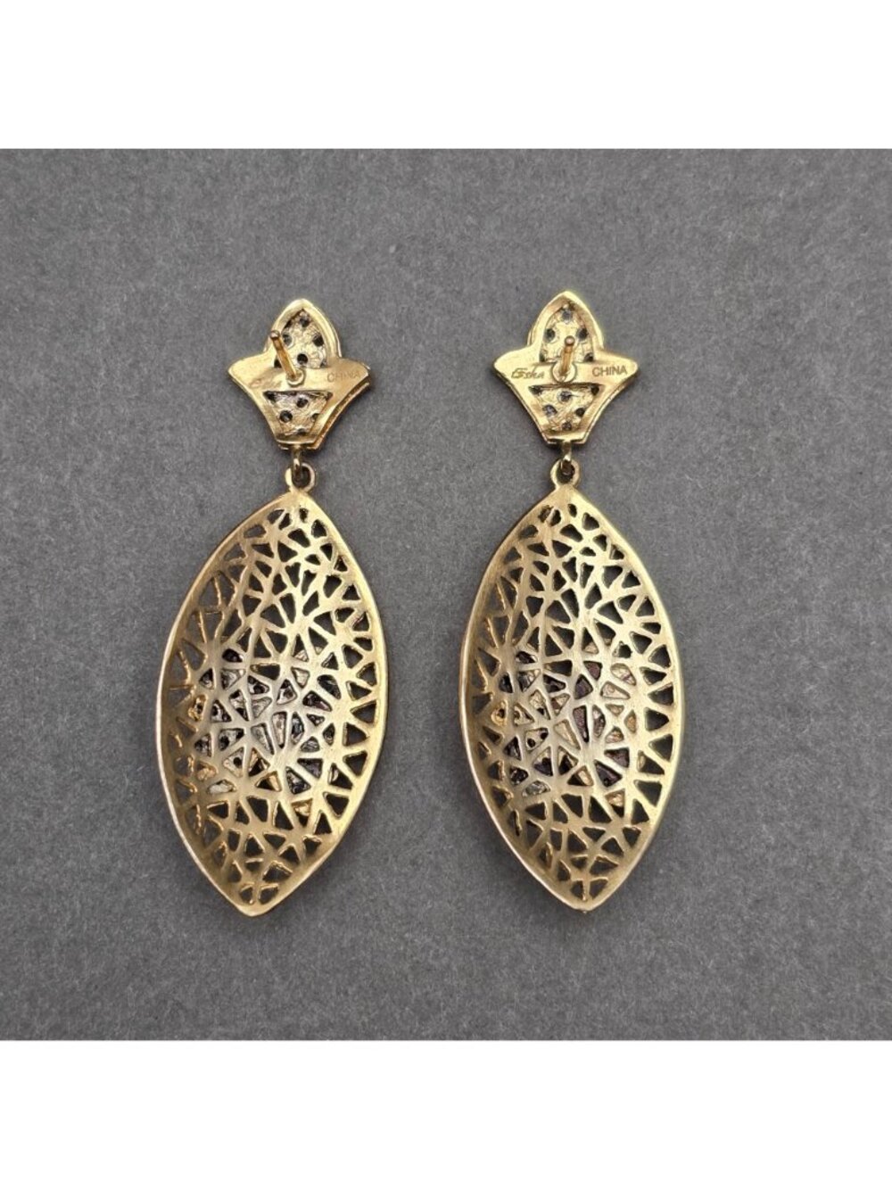 Esha Gold Plated Rhinestone Filigree Dangle Earrings 2.25" Designer Modern Post - Picture 4 of 11